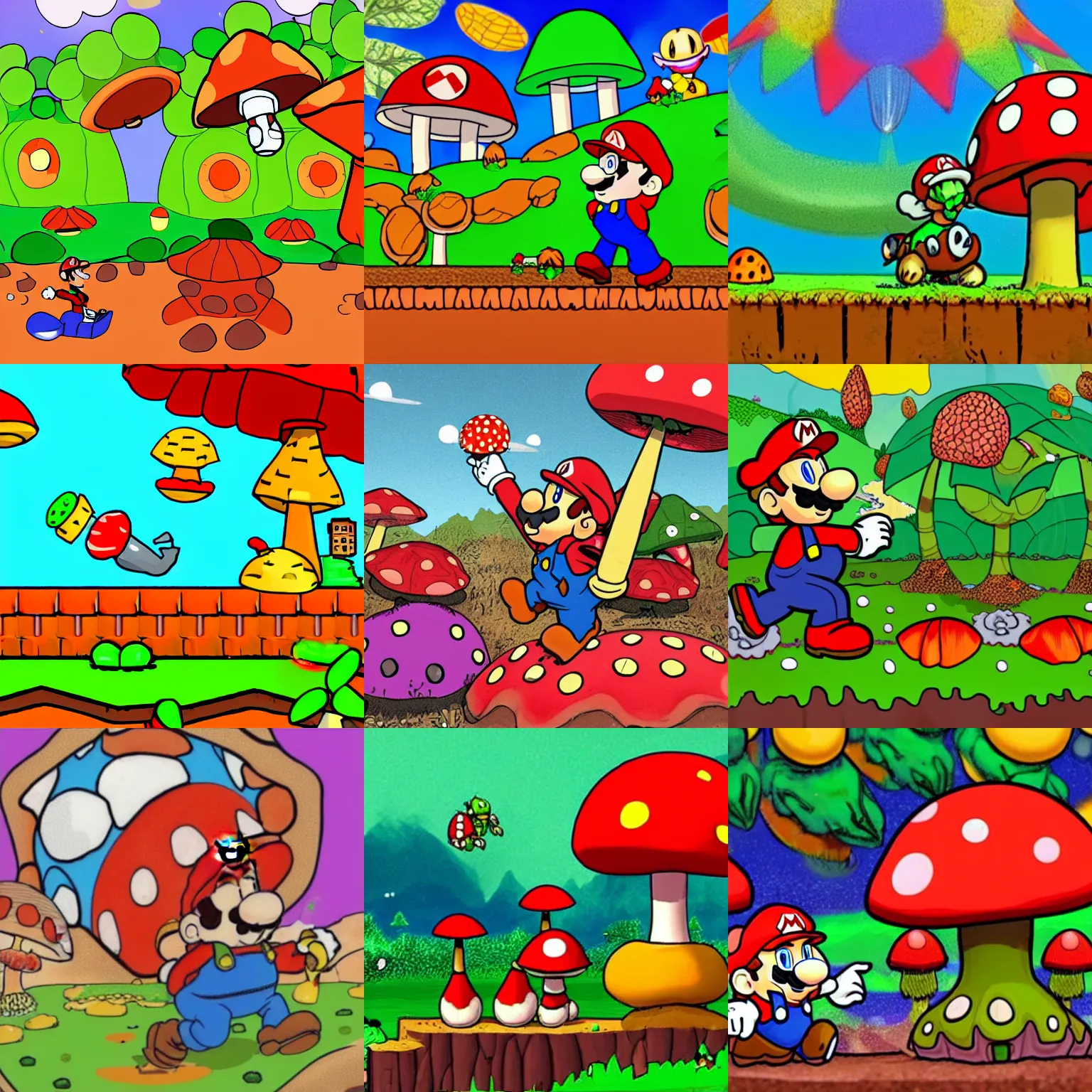 Prompt: drunk mario eats a huge toxic fly agaric, in the background psychedelic pipes stick out of the ground, cartoon turtles run