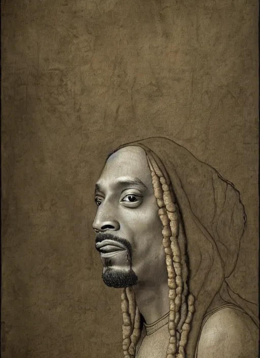 Image similar to a very high resolution image from a new movie, snoop dogg. drawn by leonardo da vinci. mountains, directed by wes anderson