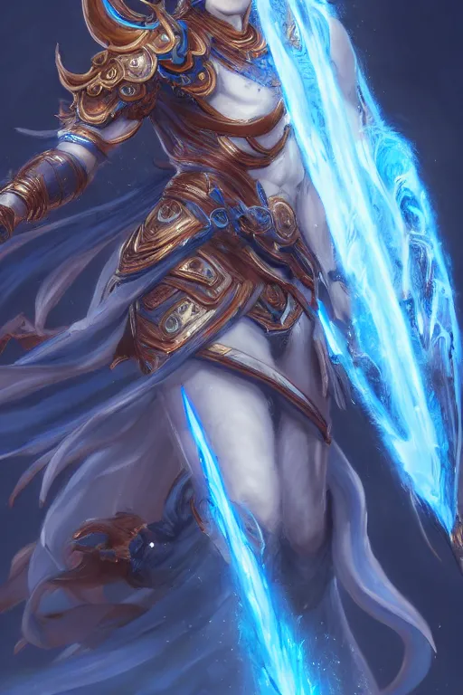 Image similar to a masterpiece portrait of nezha, legendary god holding spear, blue flame everywhere, epic pose, fantasy character portrait, closeup shot, hyper detailed, digital painting, 8 k realistic, trending on artstation, sharp focus, dof, by fenghua zhong, artgerm, ne zha from smite, tsuyoshi nagano, raymond swanland