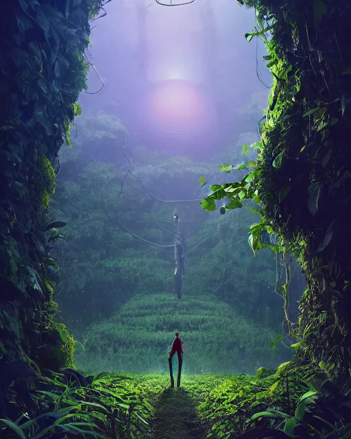 Prompt: giant anonymous statue, beautiful jungle landscape, beautiful vines growing, in the style of beeple and mike winkelmann, intricate, epic lighting, cinematic composition, hyper realistic, 8 k resolution, unreal engine 5, raytracing, reflections, happy colors