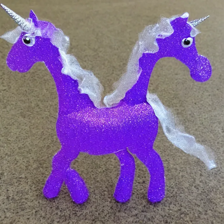 Prompt: a child's purple sparkling unicorn small and cheaply made