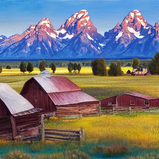 Prompt: a panoramic painting of the grand tetons with warm morning light shining on the mountains and a barn from mormon row in the forground