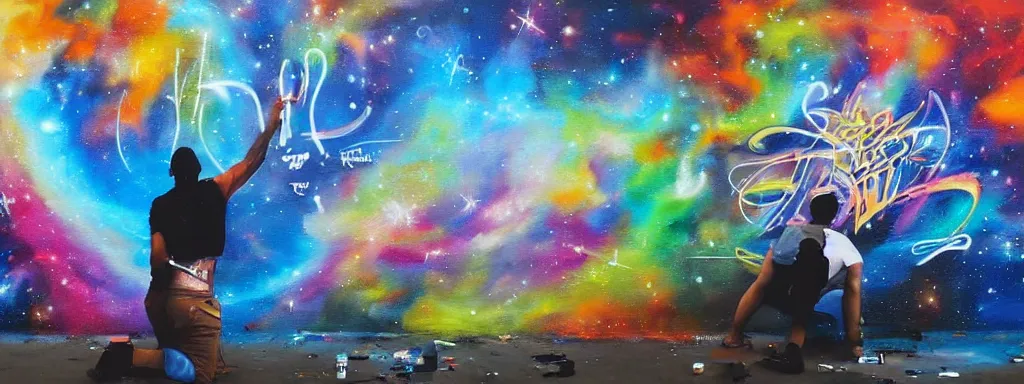 Prompt: A beautiful painting of god doing graffiti on the universe