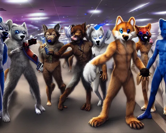 Image similar to high - resolution photograph from a nanopunk era furry fandom convention ( midwest furfest 2 0 4 7 ), taking place after the genetic revolution and singularity. photorealistic.