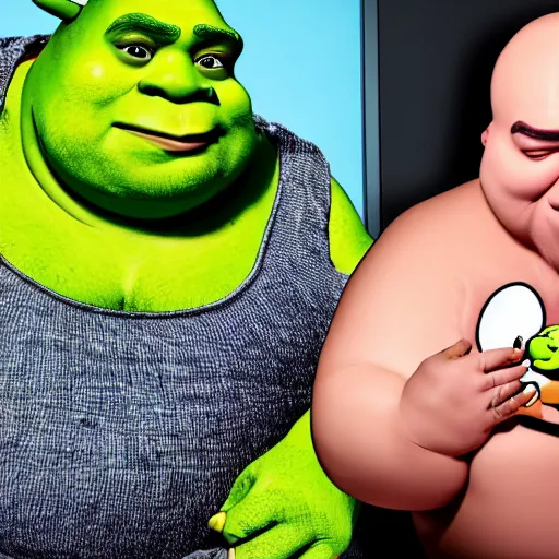 Prompt: morbidly obese shrek doing mukbang on video 4k