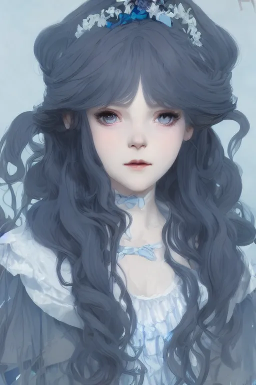 Prompt: a character design of young black lolita dressed girl, grey and blue theme, wavy white long hair by krenz cushart and mucha and akihito yoshida and greg rutkowski, detailed eyes, 4 k resolution