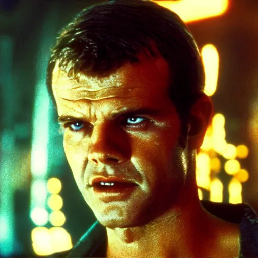 Image similar to young Jack Nicholson as Rick Deckard on blade runner 1982, slightly smiling, wide angle lens, movie still, in color, movie frame, detailed face, symmetrical face, 4k