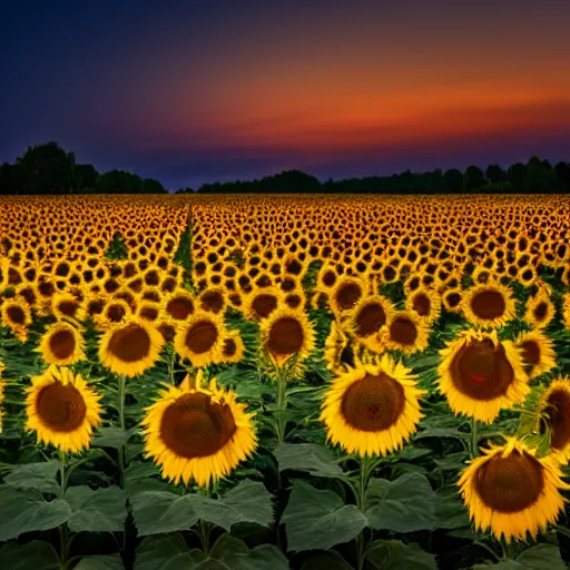 Prompt: A field of sunflowers glowing at night scenic, beuatiful, photo, 8K