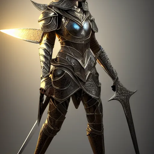 Image similar to full - body shot of a powerful elven female knight with a shield and a sword, ultra - hd, hcl, 1 2 - bit, ar, volumetric lighting, screen space global illumination, opaque, optics, lumen reflections, vfx, insanely detailed and intricate