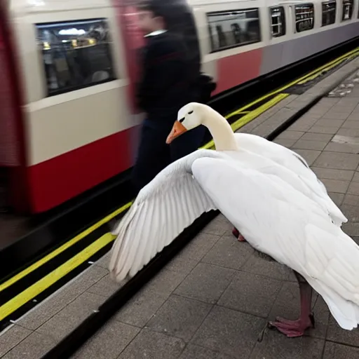 Prompt: a huge white goose, with open wings, attacking people on a london underground platform. security camera footage, cctv, trail camera