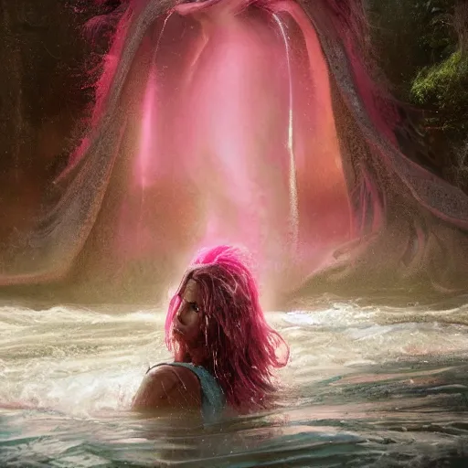 Prompt: an beautiful female survivor wearing a pink shirt, goddess, wet flowing hair, blurry backround, artstation, matte painting, made by greg rutkowski, concept art, epic portrait, 8 k, insanely detailed,