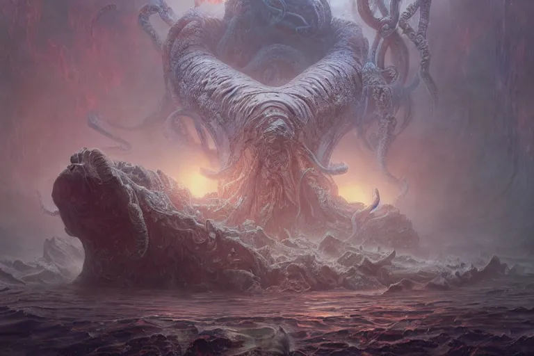 Image similar to a lovecraftian painting of cthulhu rising, cosmic horror elements, ultra realistic, concept art, intricate details, eerie, highly detailed, photorealistic, octane render, 8 k, unreal engine. art by artgerm and greg rutkowski and alphonse mucha