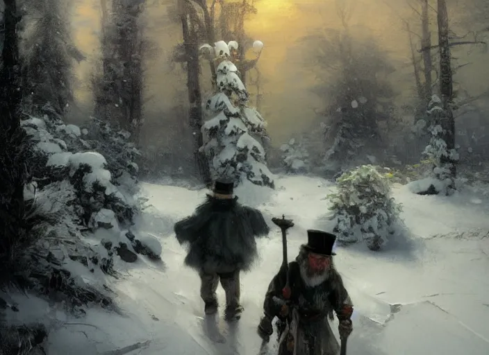 Image similar to oil painting, snow blizzard, nordic gnome with gray clothes, pointy top hat, high detailed art by anders zorn, wonderful masterpiece by greg rutkowski, beautiful cinematic light, american romanticism by greg manchess, creation by tyler edlin