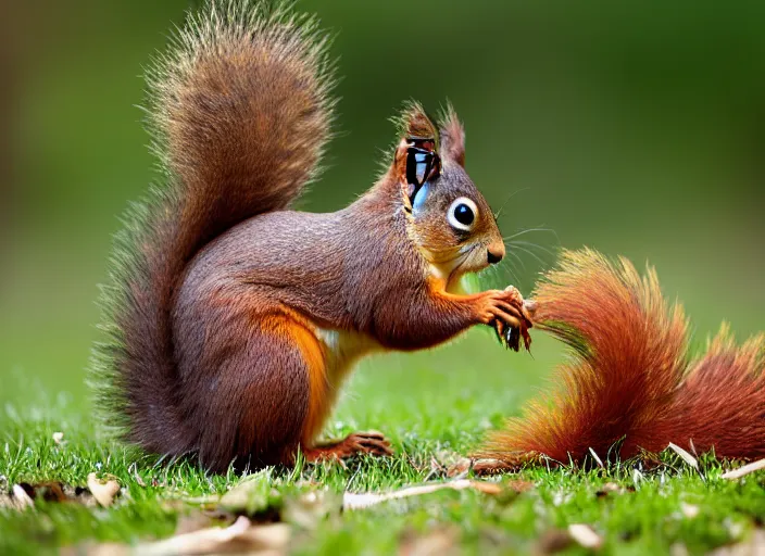 Prompt: red squirrel on a lawn, nature photography, wildlife photography canon, sony, nikon, olympus, 4 k, hd, telephoto, award winning, depth of field