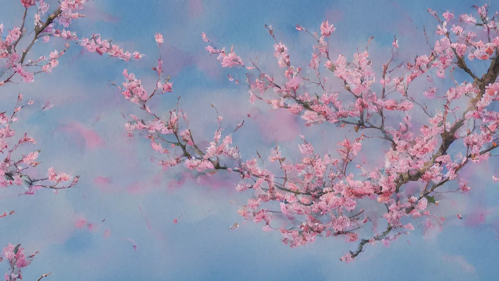 Image similar to a watercolor of Peach blossoms bloom along the Shanghai skyline, The soft pinks and greens of the flowers are offset by the blue of the sky and the gray of the cityscape, by Abbott Fuller Graves, Agnes Cecile, Alma Thomas, HD, Octane render 8K,