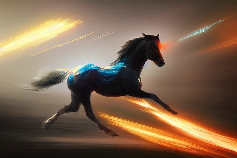 Image similar to a stunning digital painting of a horse as a speedster running in the speedforce by greg rutkowski, volumetric light, digital art, fine detail, photorealistic