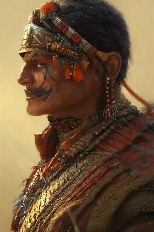 Image similar to Indian warrior, closeup character portrait art by Donato Giancola, Craig Mullins, digital art, trending on artstation