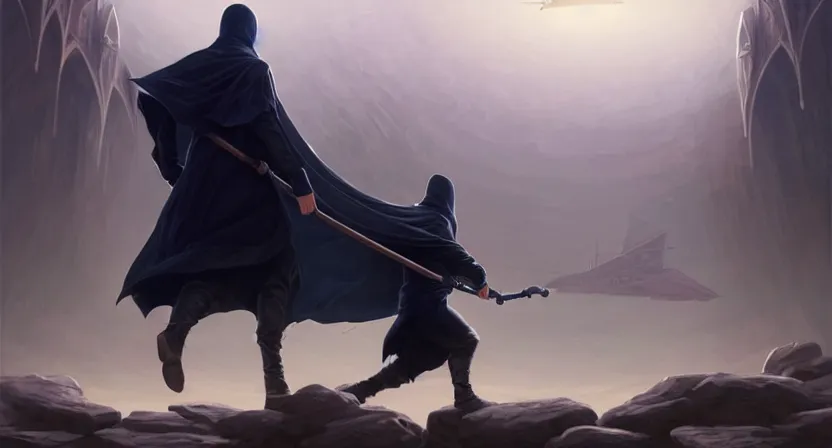 Prompt: handsome mage holding a staff running away from giant airship, black hair wearing square hooded gothic navy cloak, cave town, movie action still frame, ultra wide horizon, intricate, elegant, highly detailed, hyperrealism, digital painting, concept art, smooth, sharp, focus, illustration, art by artgerm, greg rutkowski, ilya kuvshinov