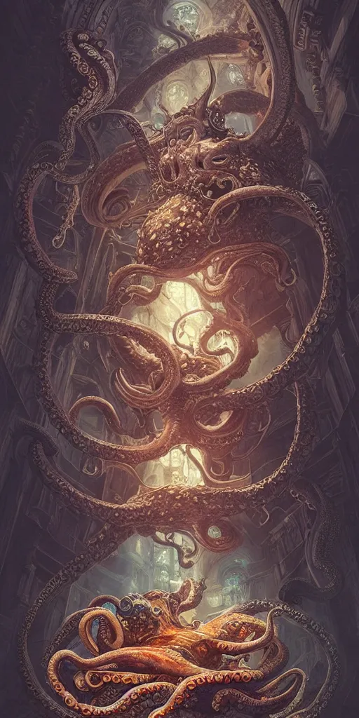 Image similar to magic fight of colorful Ouroboros and enormous octopus floating around inside an ancient mage castle hall colossal scale, gothic and baroque, brutalist architecture, ultradetailed, intricate details by Ellen Jewett and Ayami Kojima