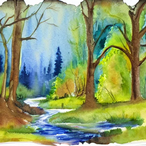 Prompt: watercolor painting of a forest with a river running through it