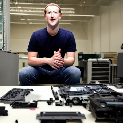 Image similar to mark zuckerberg alone in an ally with broken computer parts. photograph.