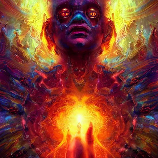 Prompt: dmt trip interdimensional beings breaking through the illusion by raymond swanland, highly detailed, bright tones