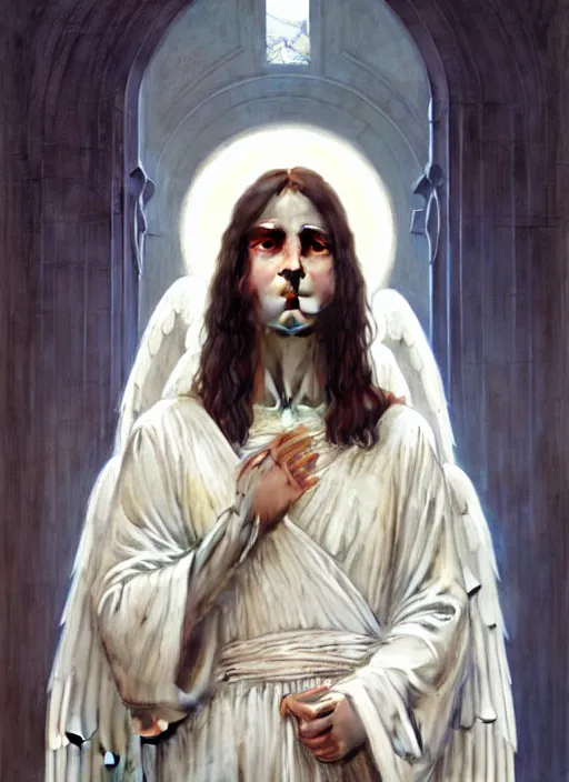 Prompt: portrait of angel in white robes. realistic shaded lighting poster by greg rutkowski, john william waterhouse, trending on art statio. highly detailed, symmetrical face.