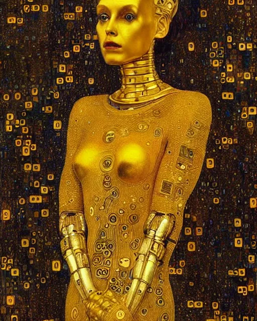 Image similar to Golden Portrait of a Robot from queen by Gustav Klimt, cyberpunk noir, baroque elements, intricate artwork by caravaggio, aesthetic, intricate, highly detailed, masterpiece