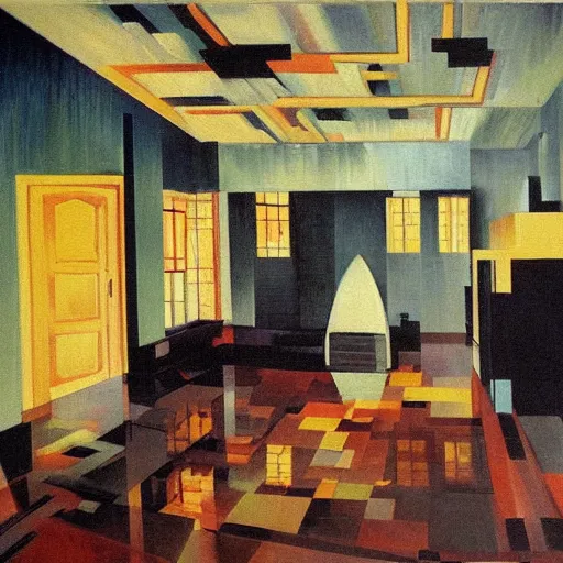 Image similar to painting of a flooded house interior, by cubo-futurism