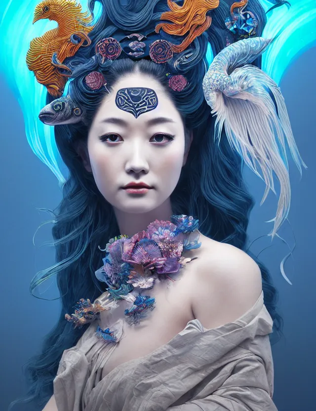 Image similar to 3 d goddess half - turn portrait with long hair with ram skull. beautiful intricately detailed japanese crow kitsune mask and clasical japanese kimono. betta fish, jellyfish phoenix, bio luminescent, plasma, ice, water, wind, creature, artwork by tooth wu and wlop and beeple and greg rutkowski