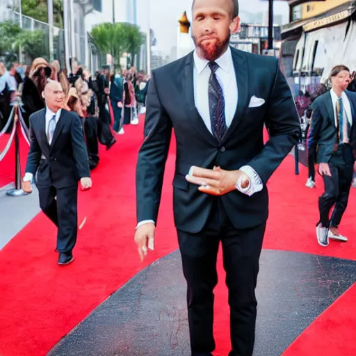 Prompt: fried chicken wearing a suit and tie, dressed for success, red carpet photo