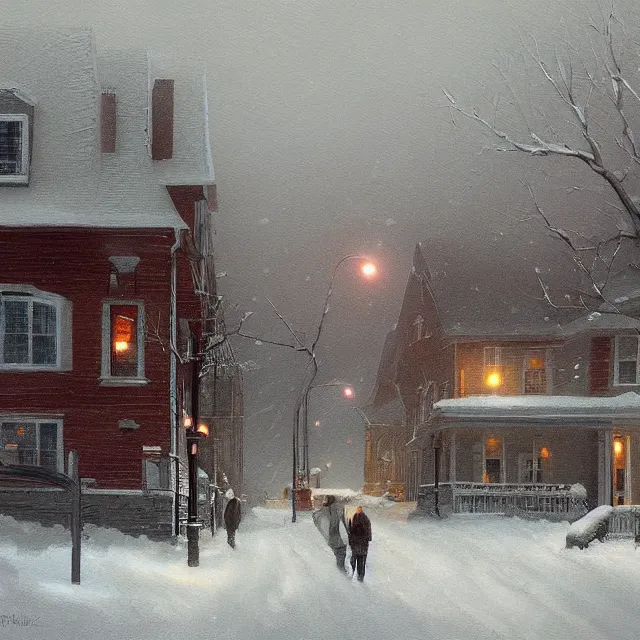 Image similar to a beautiful painting of a small new england town engulfed in a noreaster blizzard by rutkowski and rockwell, white out blizzard, horror concept art, detailed, art gallery quality, cinematic lighting