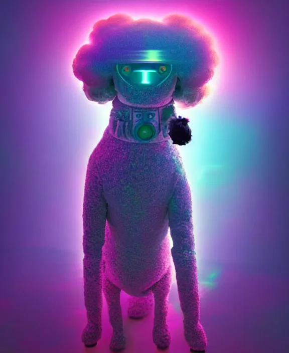 Image similar to a beautiful portrait of a poodle inside an holographic spacesuit, galactic landscape, cinematic, volumetric fog, risographic, digital art, 4 k, vintage sci - fi, inspired by moebius, inspired by thim white, inspired by h. r. giger