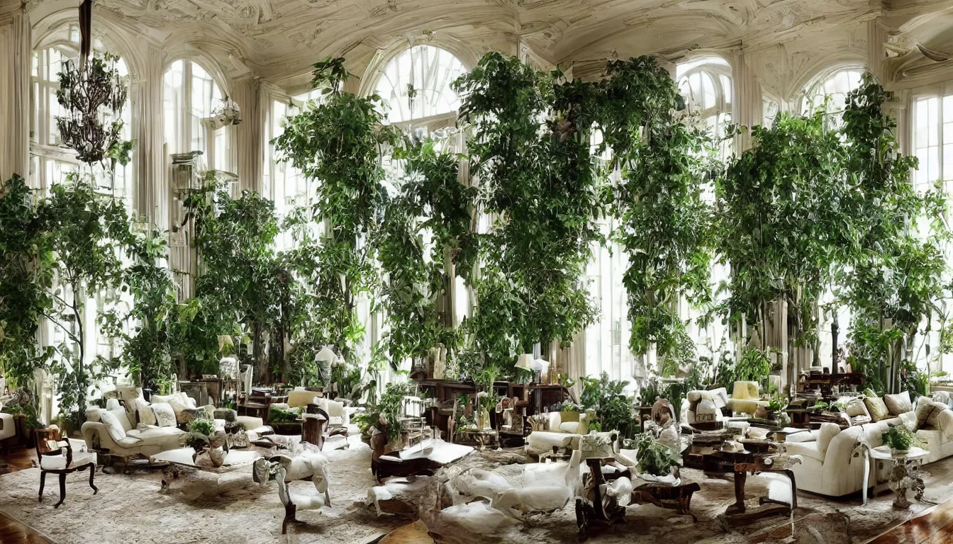 Image similar to luxury living room filled with plants and trees, architectural digest