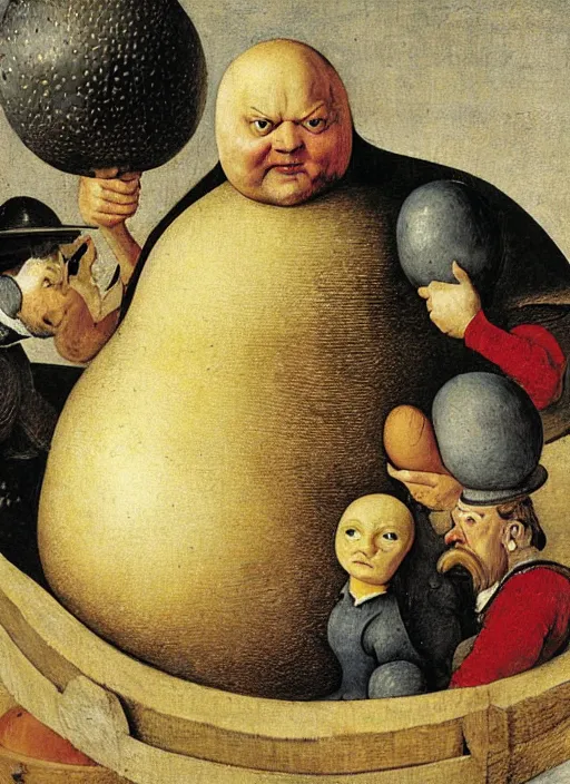 Image similar to carton of eggs with silly round humpty dumpty jack black facial expressions, realistic, by hieronymus bosch and pieter brueghel