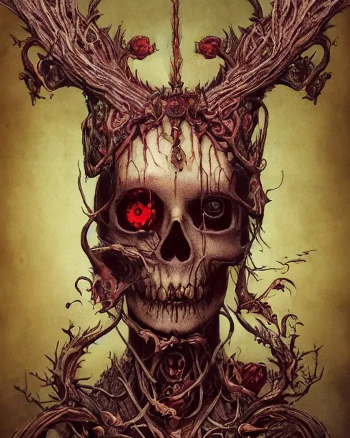 Image similar to perfectly centered portrait front view of a angry dead rotten beautiful female skull growing ornamentation all around, ornate, detailed, symmetrical, elegant, beautifully soft lit, by wayne barlowe, peter mohrbacher, kelly mckernan