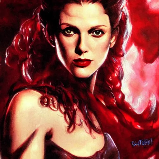 Image similar to ultra realistic portrait painting of scarlet witch in resident evil, art by frank frazetta, 4 k, ultra realistic, highly detailed, epic lighting.