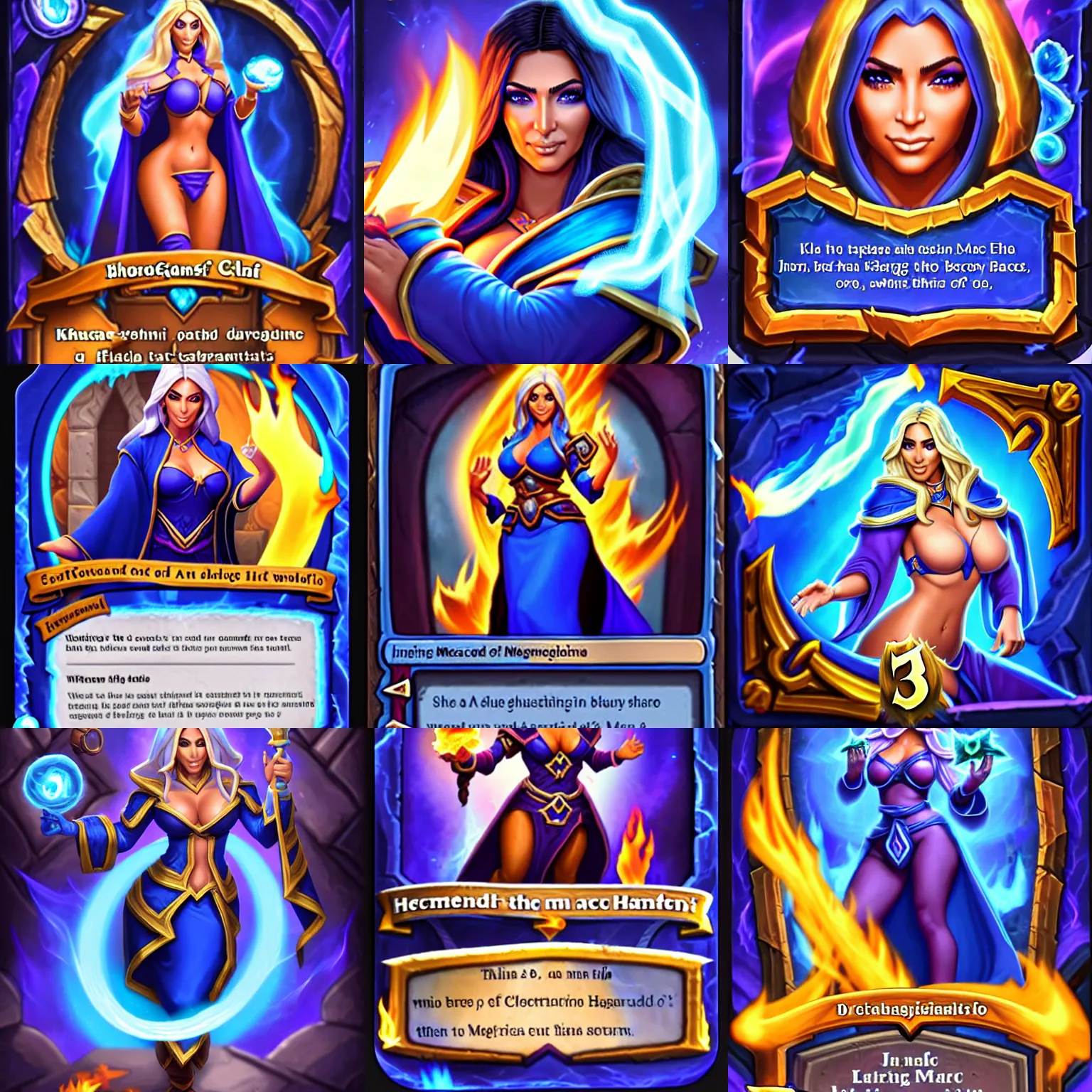 Prompt: Who : a mage with a blue robe casting a fire ball ; Face and hair : Jaina ; Body type : Kim Kardashian ; Safe clothes : yes ; Frame : no ; IMPORTANT : Hearthstone official splash art, award winning, trending in category Epic