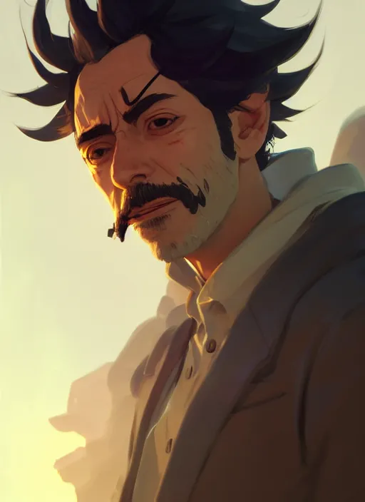 Image similar to portrait of rick sanchez, intricate, headshot, key visual, conceptart, ambient lighting, highly detailed, digital painting, artstation, concept art, sharp focus, by makoto shinkai and akihiko yoshida and greg manchess