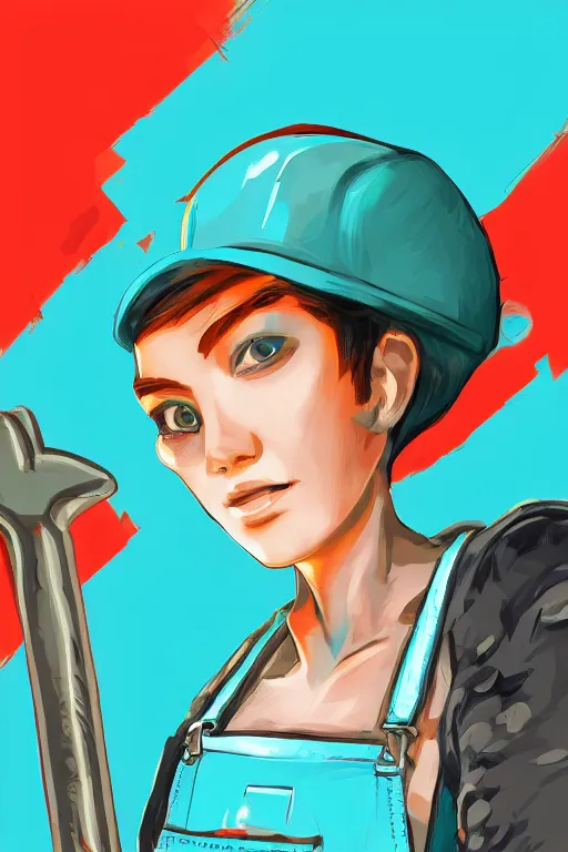 Prompt: a beautiful androgynous punk girl with short turquoise hair who is a mechanic wearing overalls with a utility nag and holding a wrench, digital illustration, digital concept art, digital painting, decorative background, trending on artstation