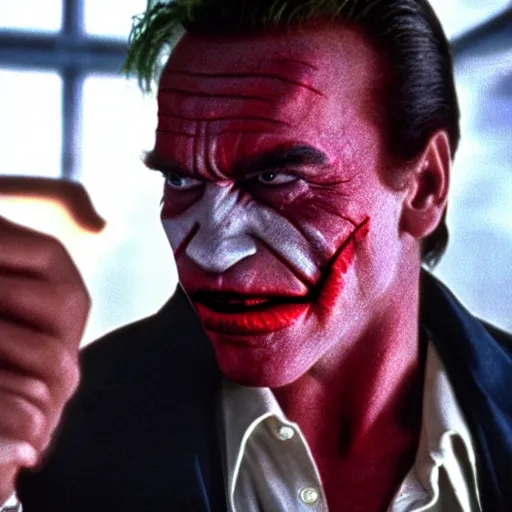 Prompt: awe inspiring Arnold Schwarzenegger playing The Joker 8k HDR movie still amazing lighting