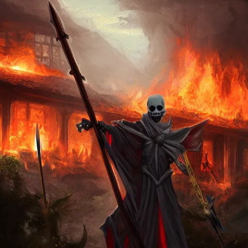 Image similar to a cloaked skeleton demon holding a spear watching a house on fire, firestorm, highly detailed digital art, oil on canvas, trending on Artstation, award-winning