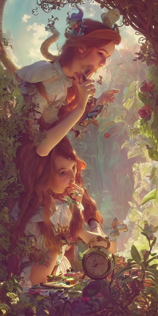 Image similar to alice in wonderland, intricate, highly detailed, digital painting, artstation, concept art, smooth, sharp focus, illustration, Unreal Engine 5, 8K, art by artgerm and greg rutkowski and alphonse mucha