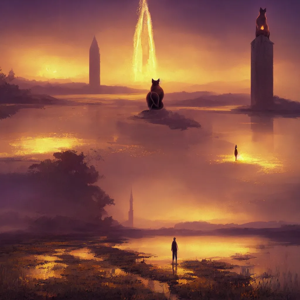 Image similar to lake filed with molten gold, volume lighting, cat on for ground and purple tower on back ground concept art, by greg rutkowski