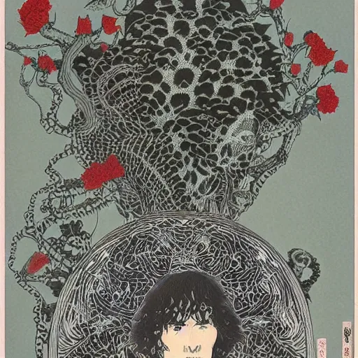 Image similar to symmetrical jim morrison as a lizard king, very detailed style of takato yamamoto lots of flowers