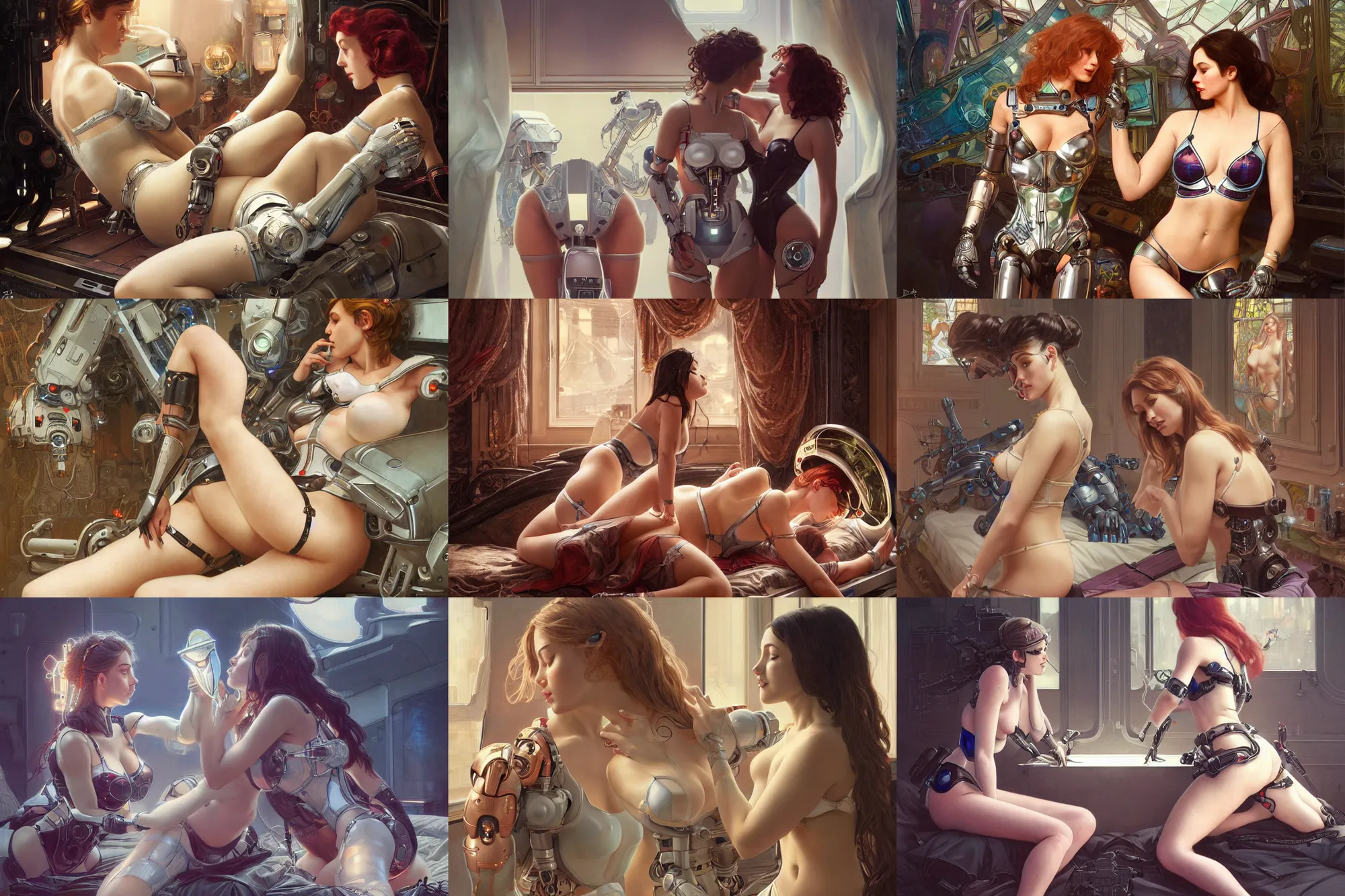 Prompt: Ultra realistic illustration, two cyborg women in lingerie kissing a robot on a bed,sci-fi, fantasy, intricate, elegant, highly detailed, digital painting, artstation, concept art, smooth, sharp focus, illustration, art by artgerm and greg rutkowski and alphonse mucha