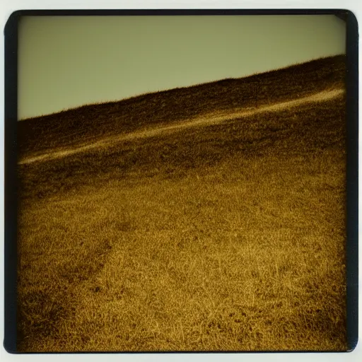 Prompt: polaroid photo!! of a empty steep grass hill with no trees, flash photography, at night, uncanny photo, colored photograph