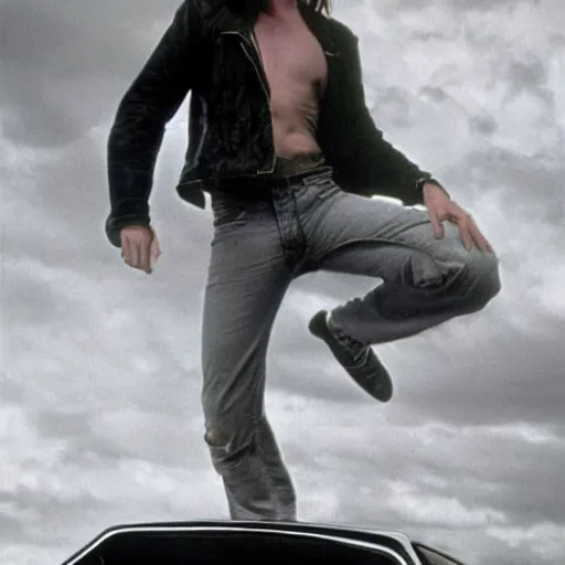 Prompt: Pre-Raphaelite portrait of Ryan Gosling as the leader of a cult 1980s heavy metal band standing on the hood of a muscle car, with very long blond hair and grey eyes, high saturation
