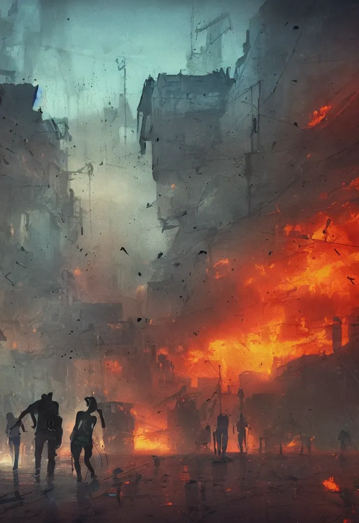 Image similar to crying humans, scared humans, panic, scene with a few (((zombies))) walking, destroyed city at the background, some smoke and fire, blue sky with dramatic clouds, line art, ink, watercolor by Kilian Eng and by Jake Parker, heavy brushstrokes, winning-award masterpiece, fantastic, octane render, 8K HD Resolution, High quality image