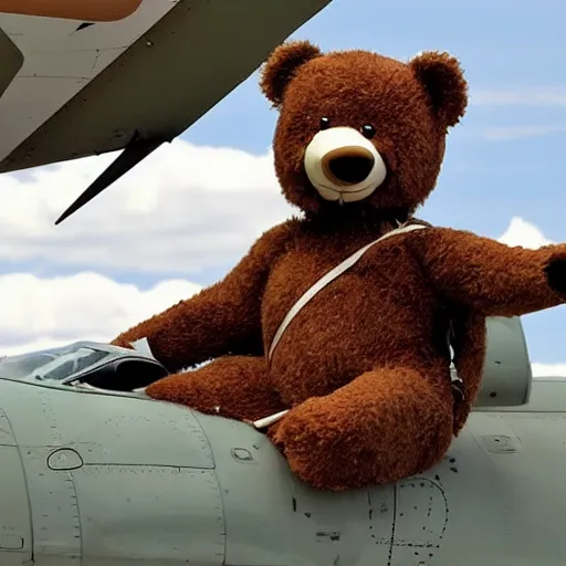 Prompt: a smiling teddy bear saluting in a pilot's uniform